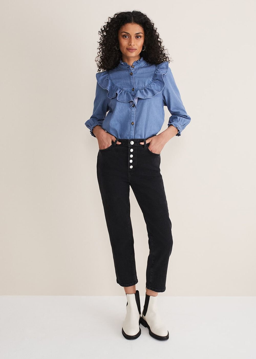 Karlie Button Through Corduroy Jeans - Black