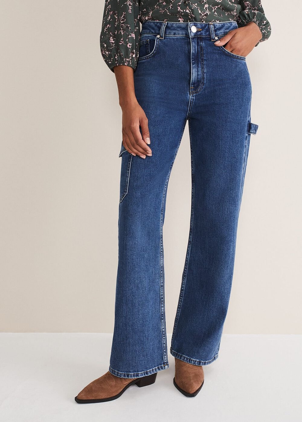 Scout Cargo Wide Leg Jeans - Mid Blue