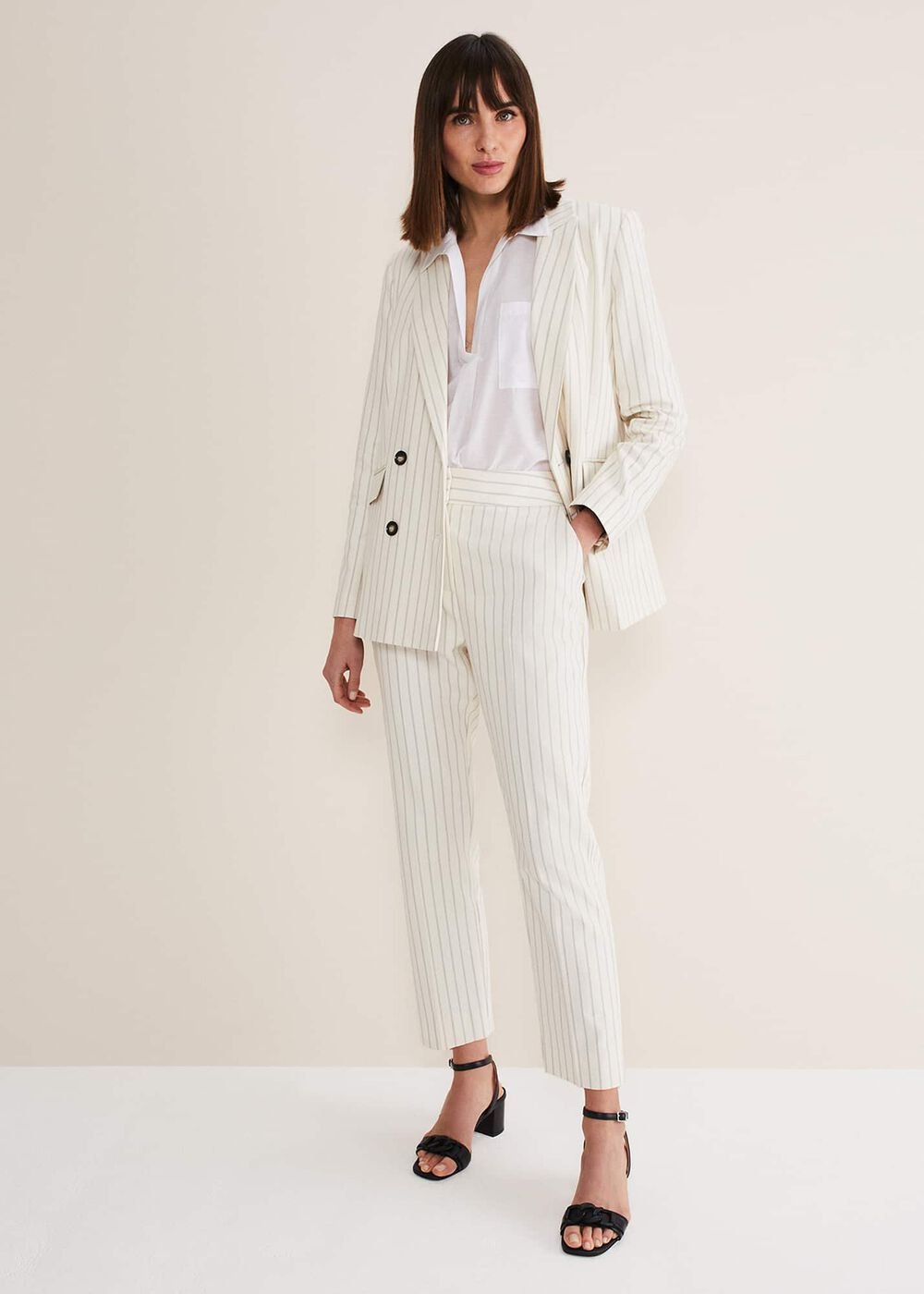 Ariella Pinstripe Straight Leg Trousers - Black/Ecru