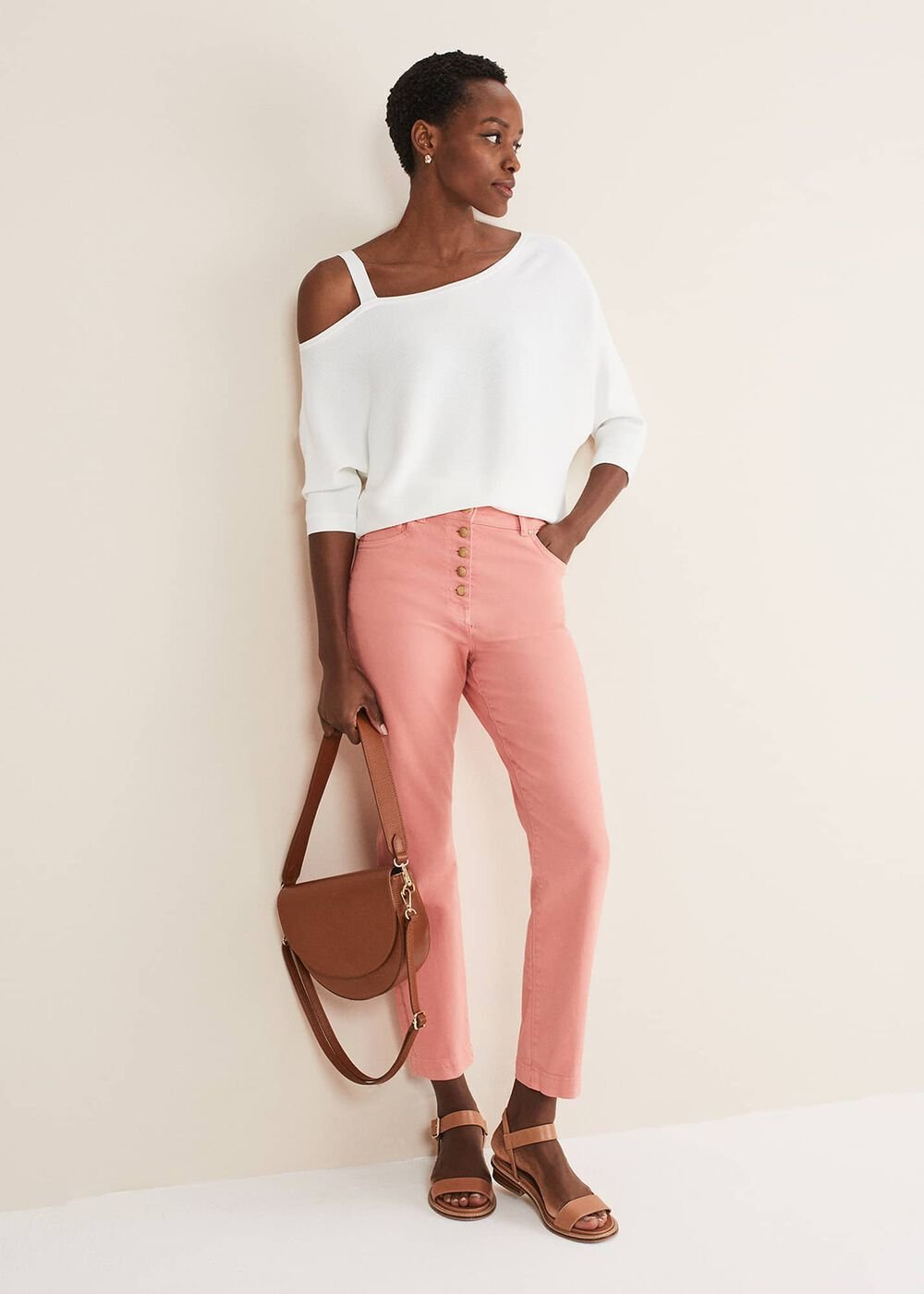 Karlie Button Through Straight Leg Jeans - Apricot
