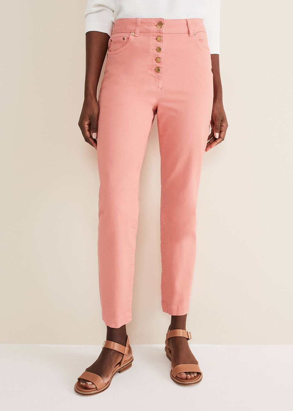Karlie Button Through Straight Leg Jeans - Apricot