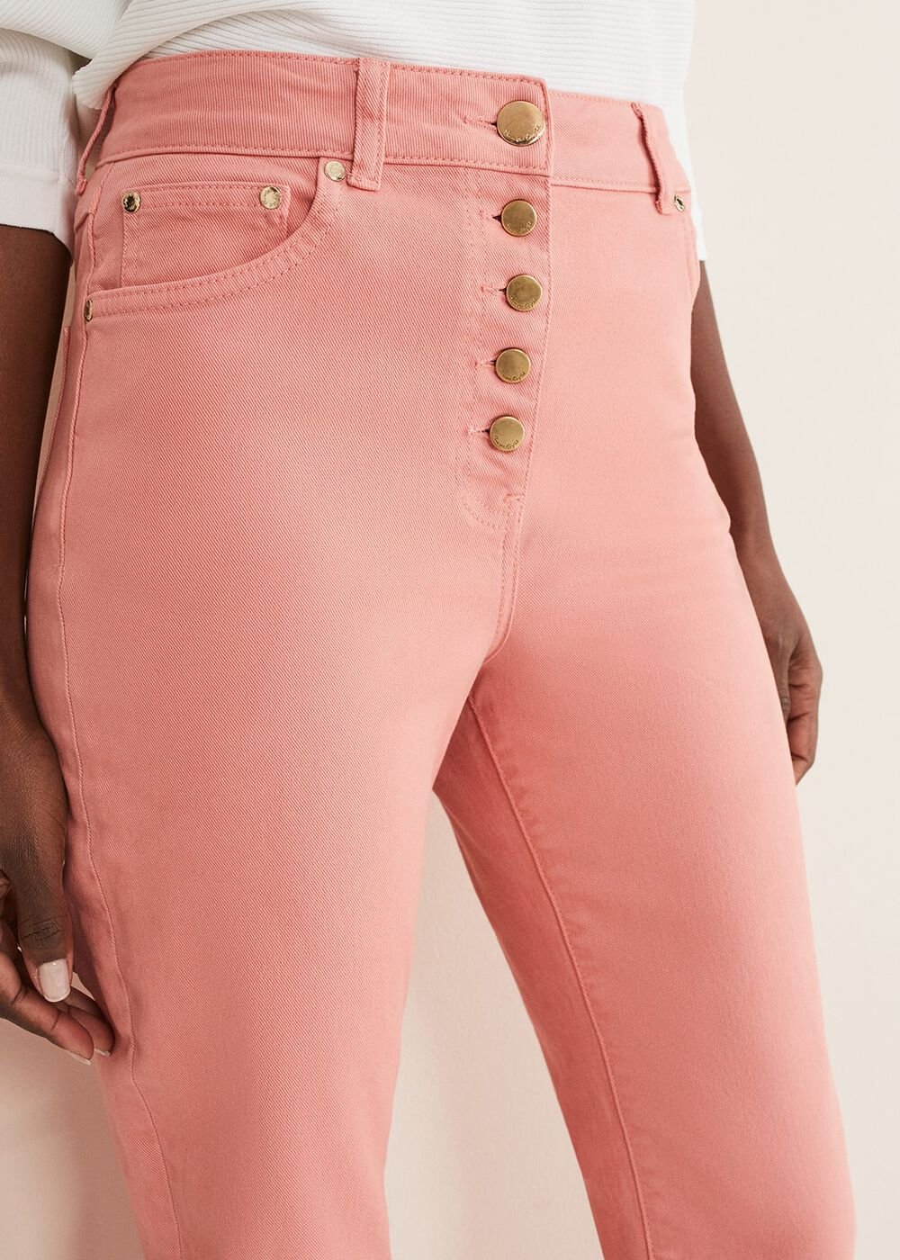 Karlie Button Through Straight Leg Jeans - Apricot