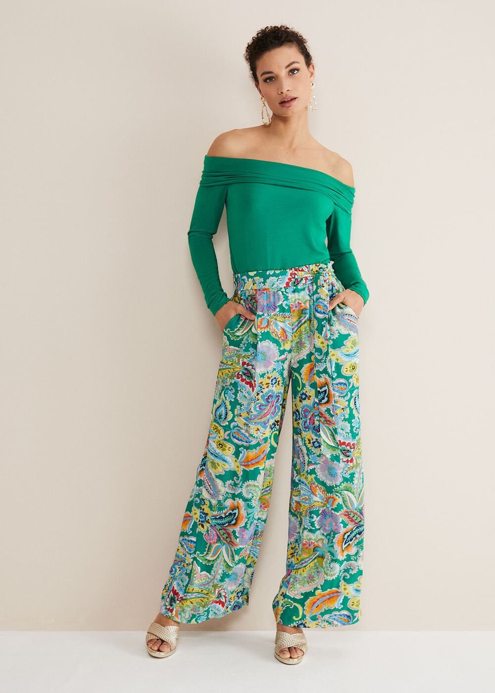 Paisley Wide Leg Trousers - Green Multi