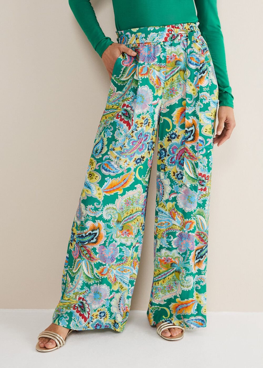 Paisley Wide Leg Trousers - Green Multi