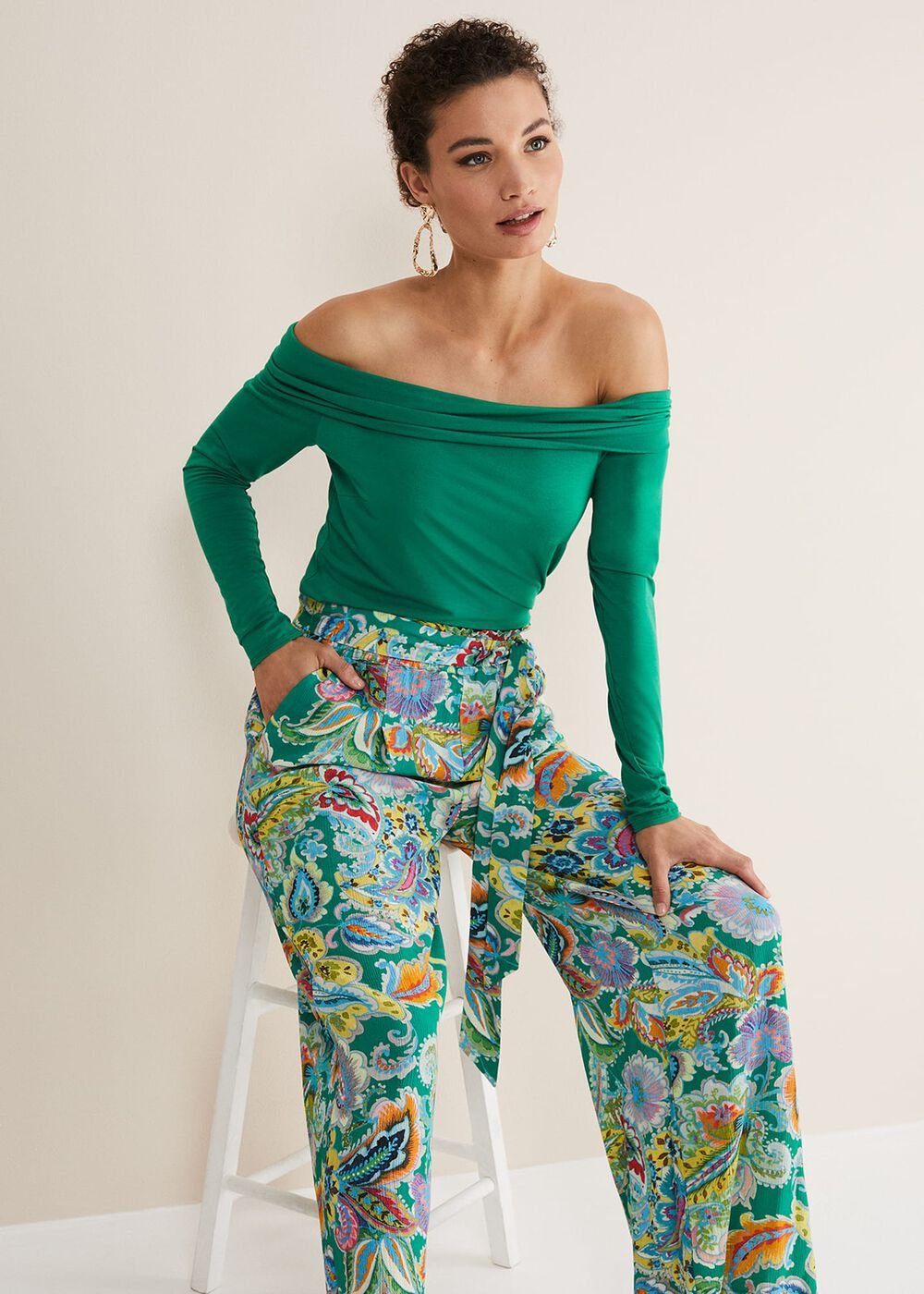 Paisley Wide Leg Trousers - Green Multi
