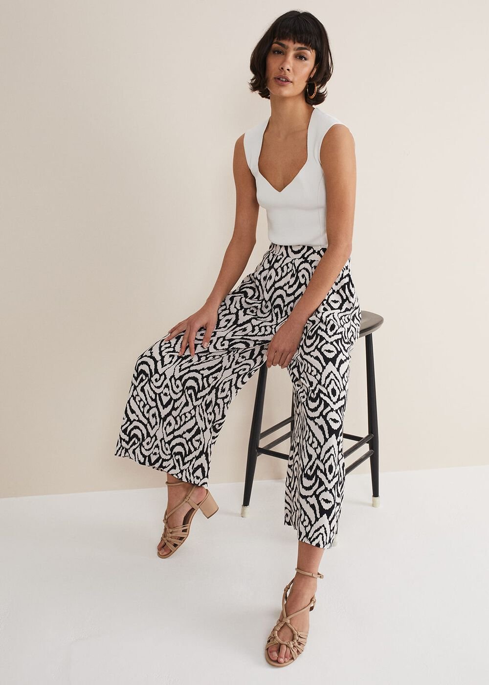 Malaya Printed Wide Leg Culottes - Black/Ivory