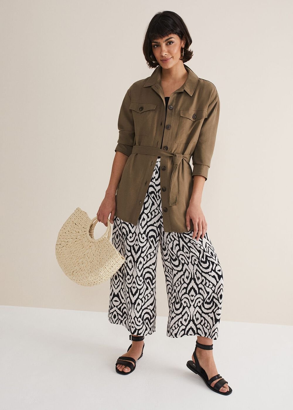 Malaya Printed Wide Leg Culottes - Black/Ivory