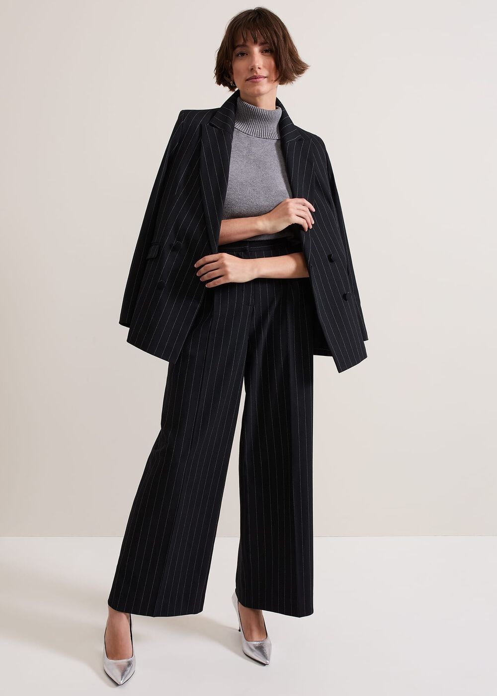 Pia Pinstripe Wide Leg Trousers - Navy