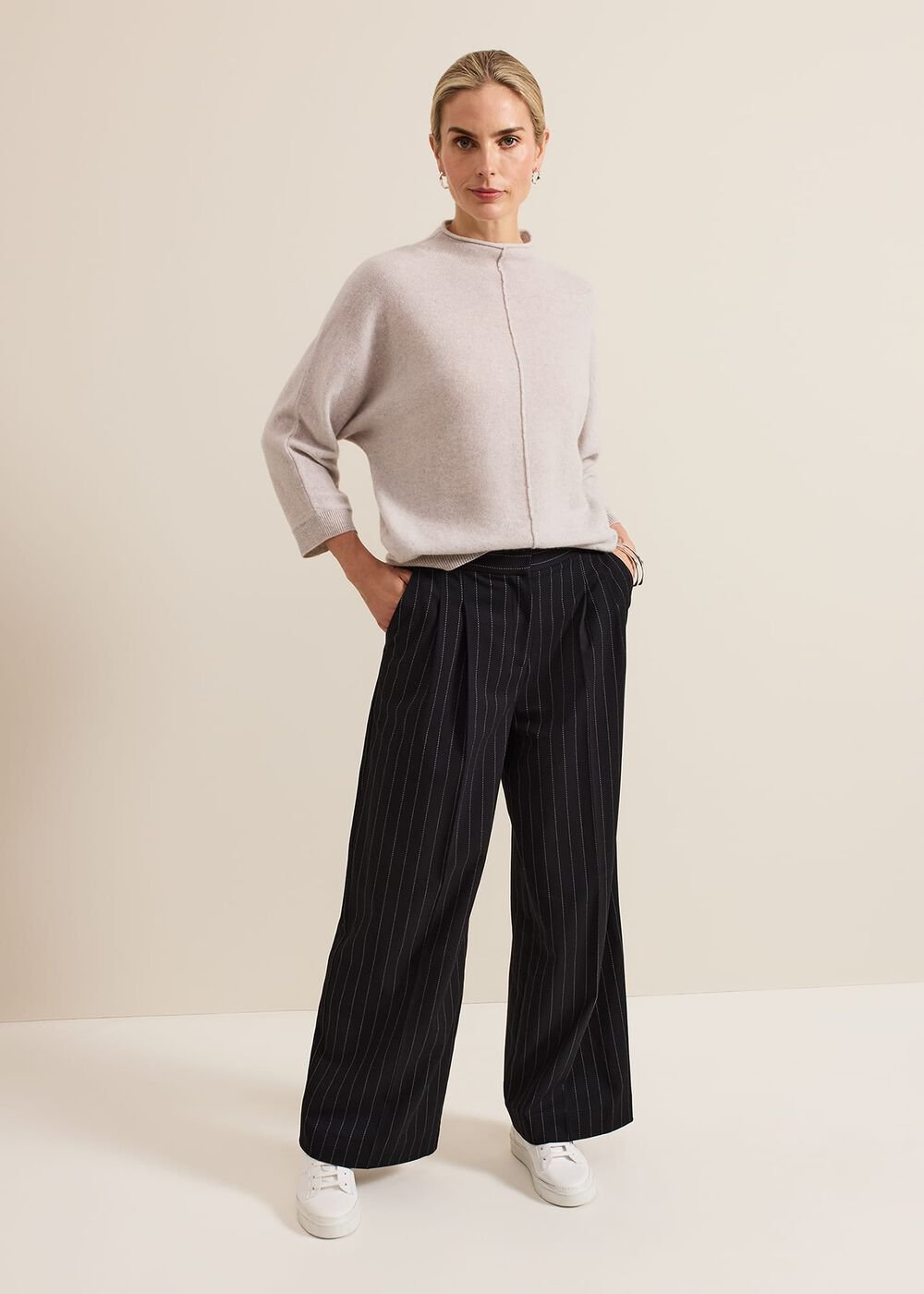 Pia Pinstripe Wide Leg Trousers - Navy