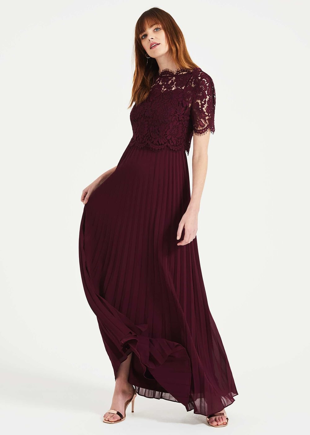 Elisabetta Lace Pleated Dress - Berry