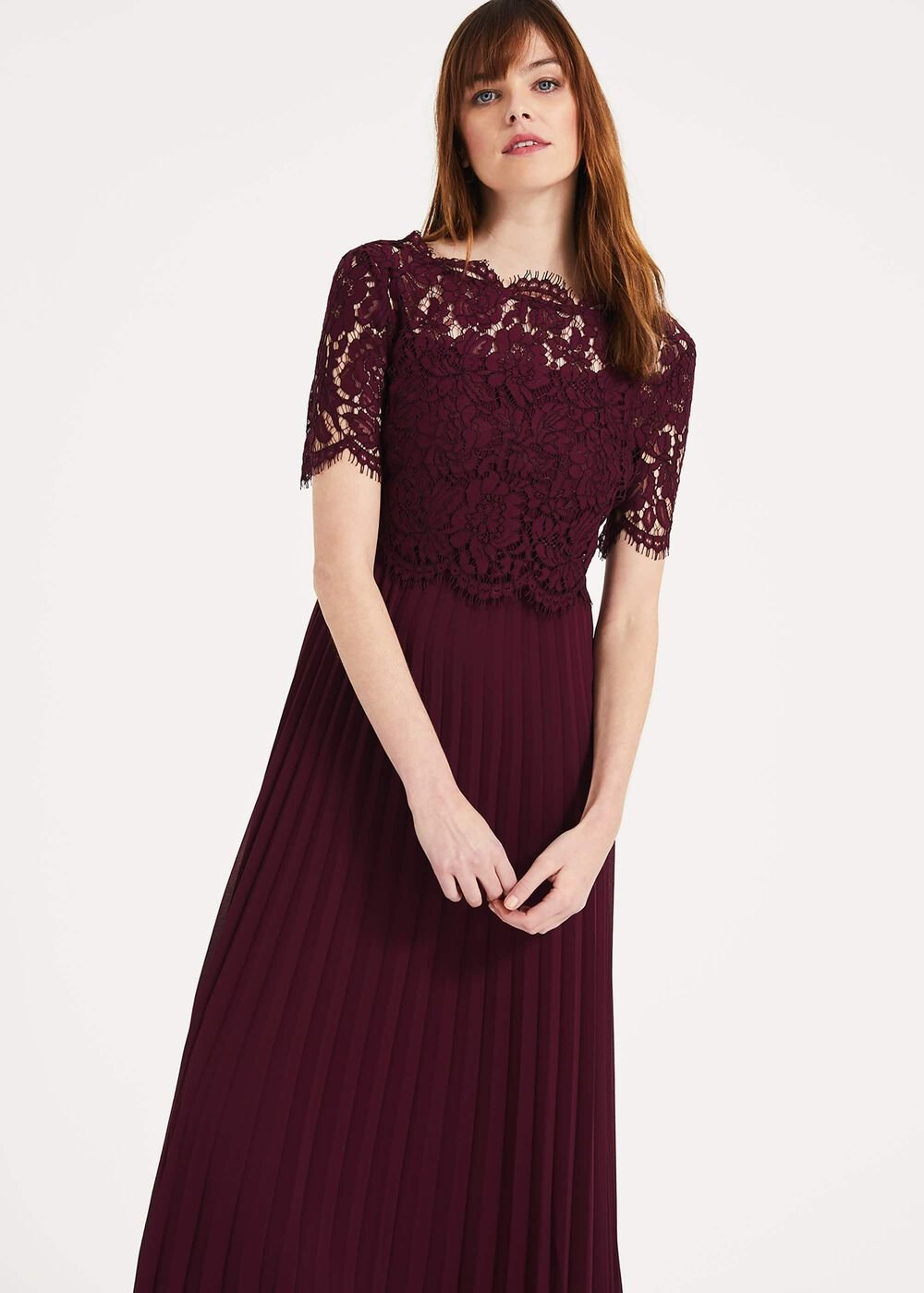 Elisabetta Lace Pleated Dress - Berry