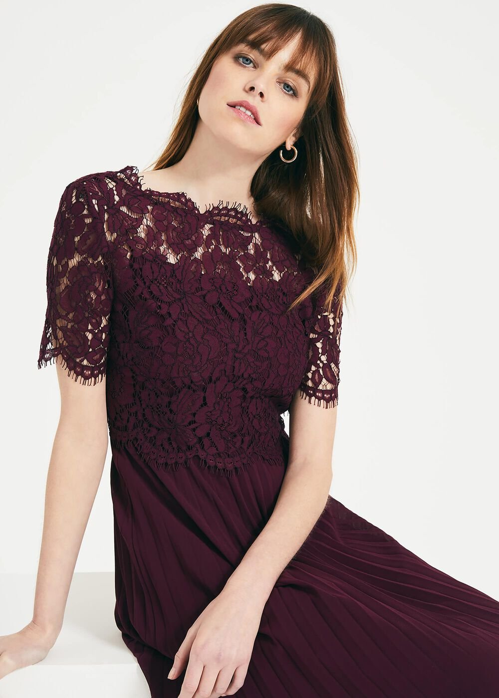 Elisabetta Lace Pleated Dress - Berry