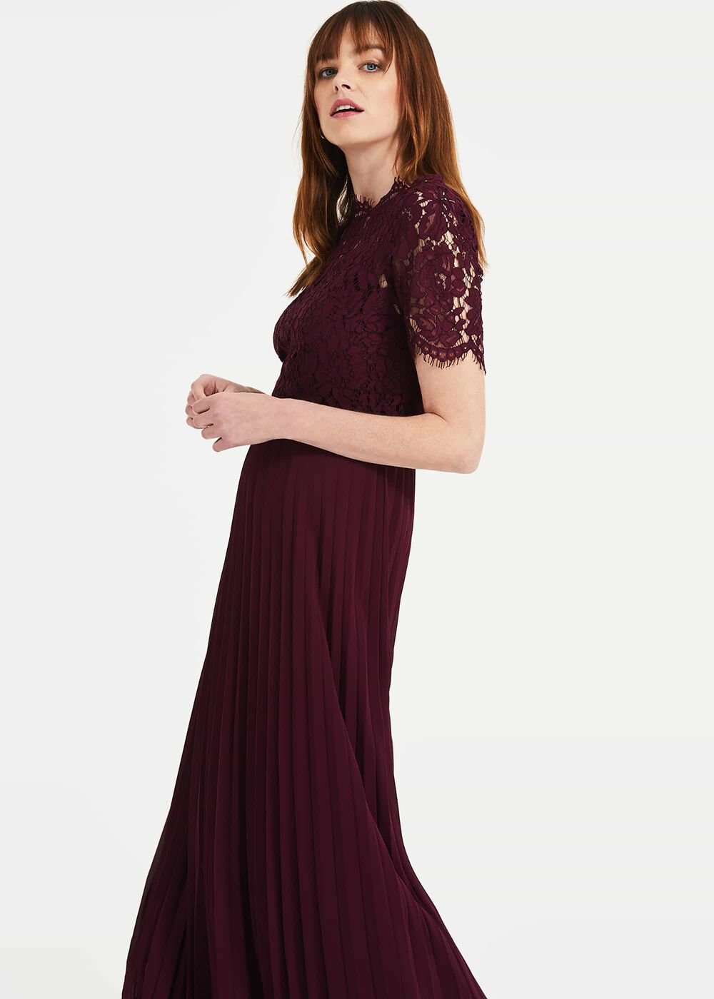 Elisabetta Lace Pleated Dress - Berry