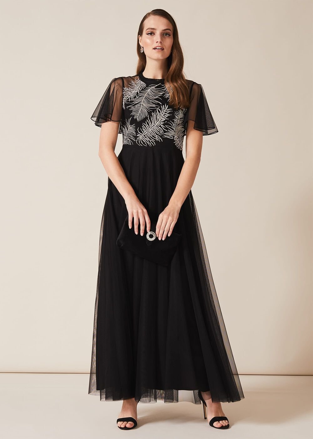 Loretta Feather Embroidered Dress - Black