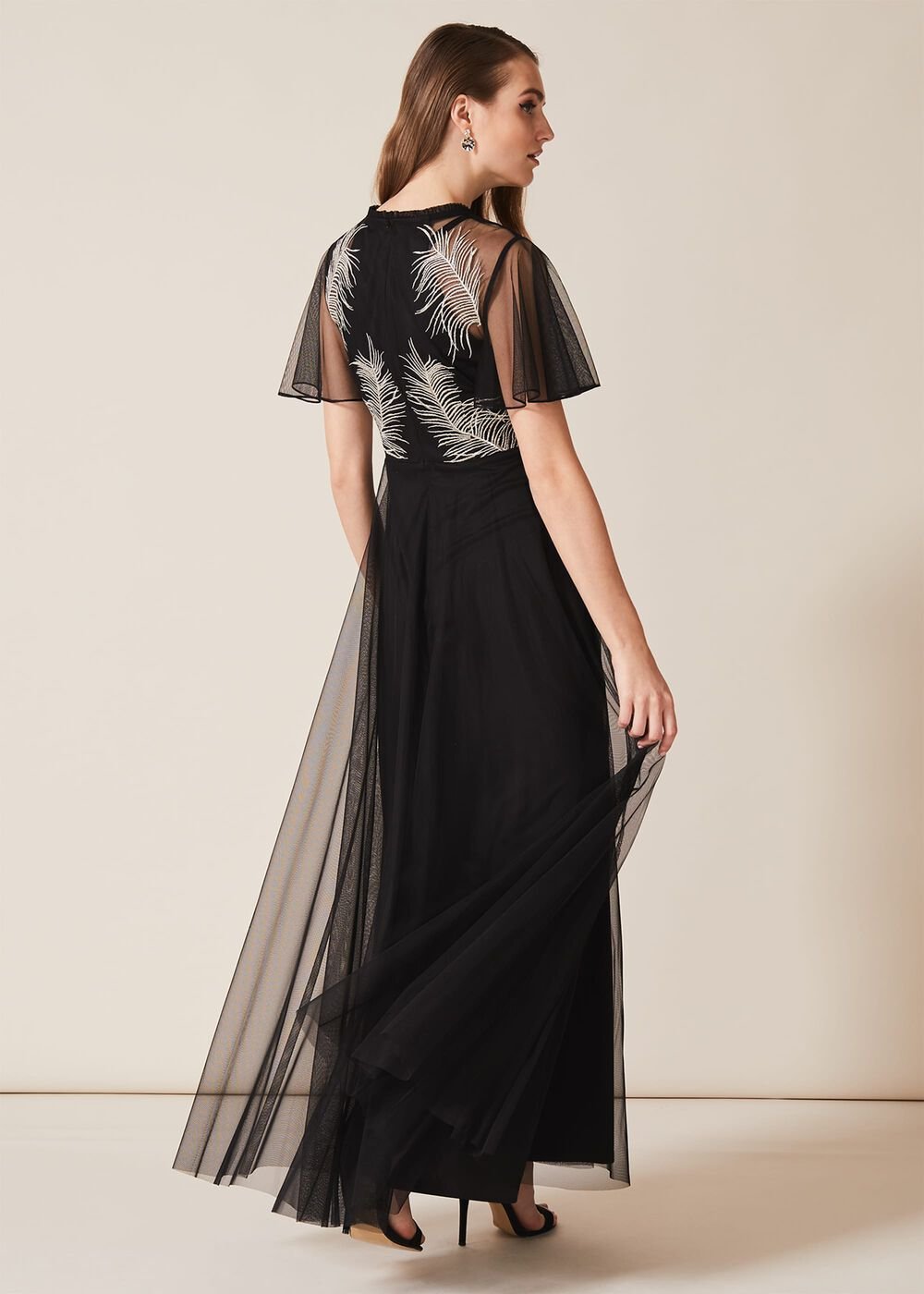 Loretta Feather Embroidered Dress - Black