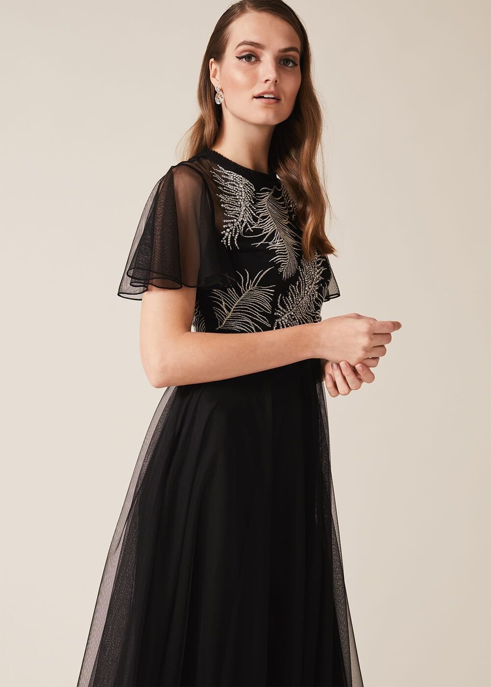 Loretta Feather Embroidered Dress - Black