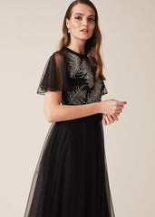 Loretta Feather Embroidered Dress - Black