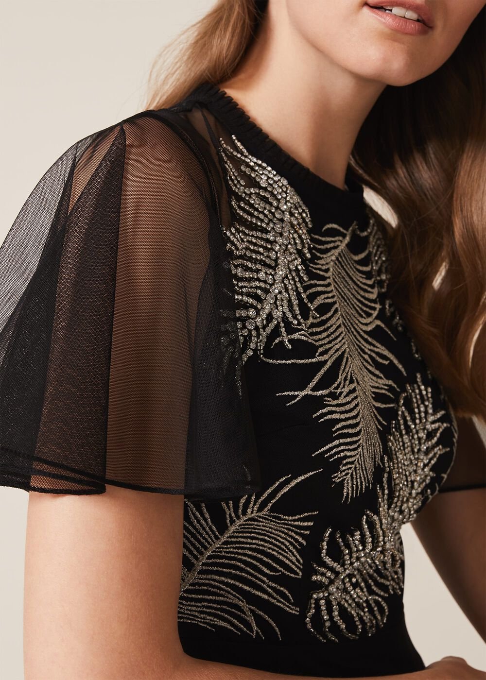 Loretta Feather Embroidered Dress - Black