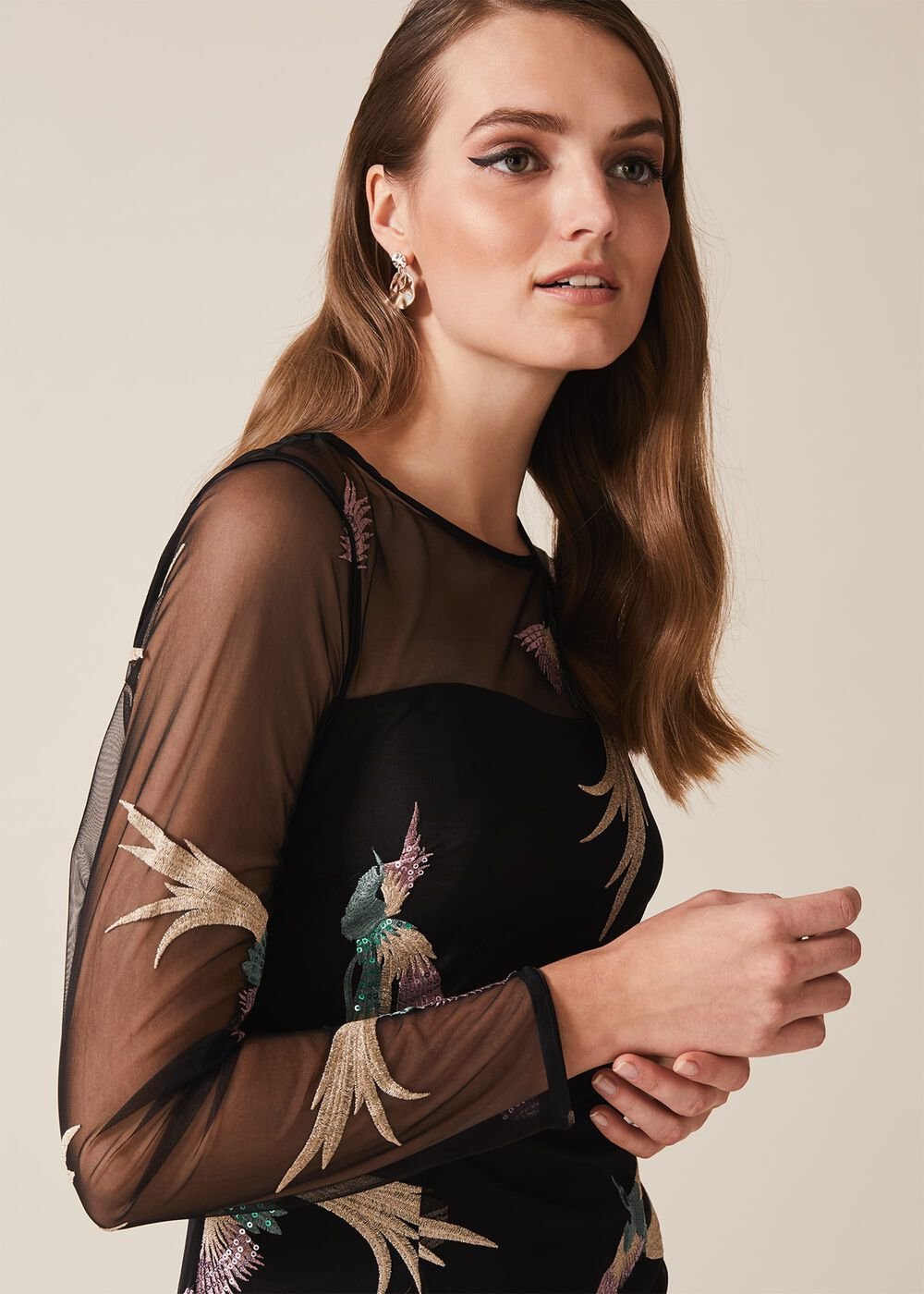 Astrid Embroidered Bird Dress - Black