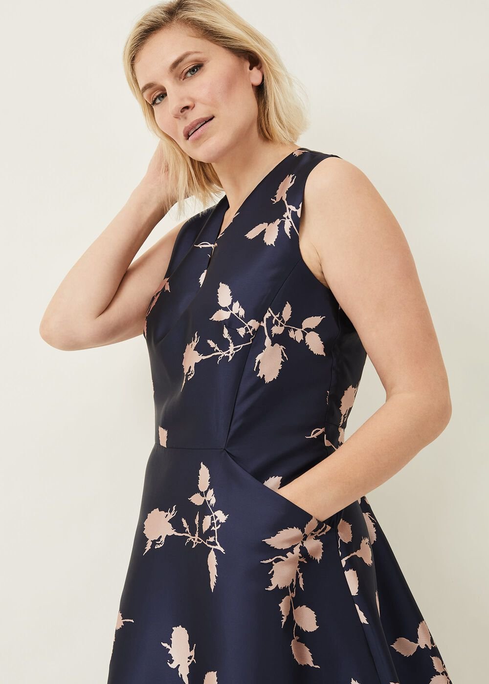Jordyn Jacquard Fit And Flare Dress - Navy/ Ballet Pink