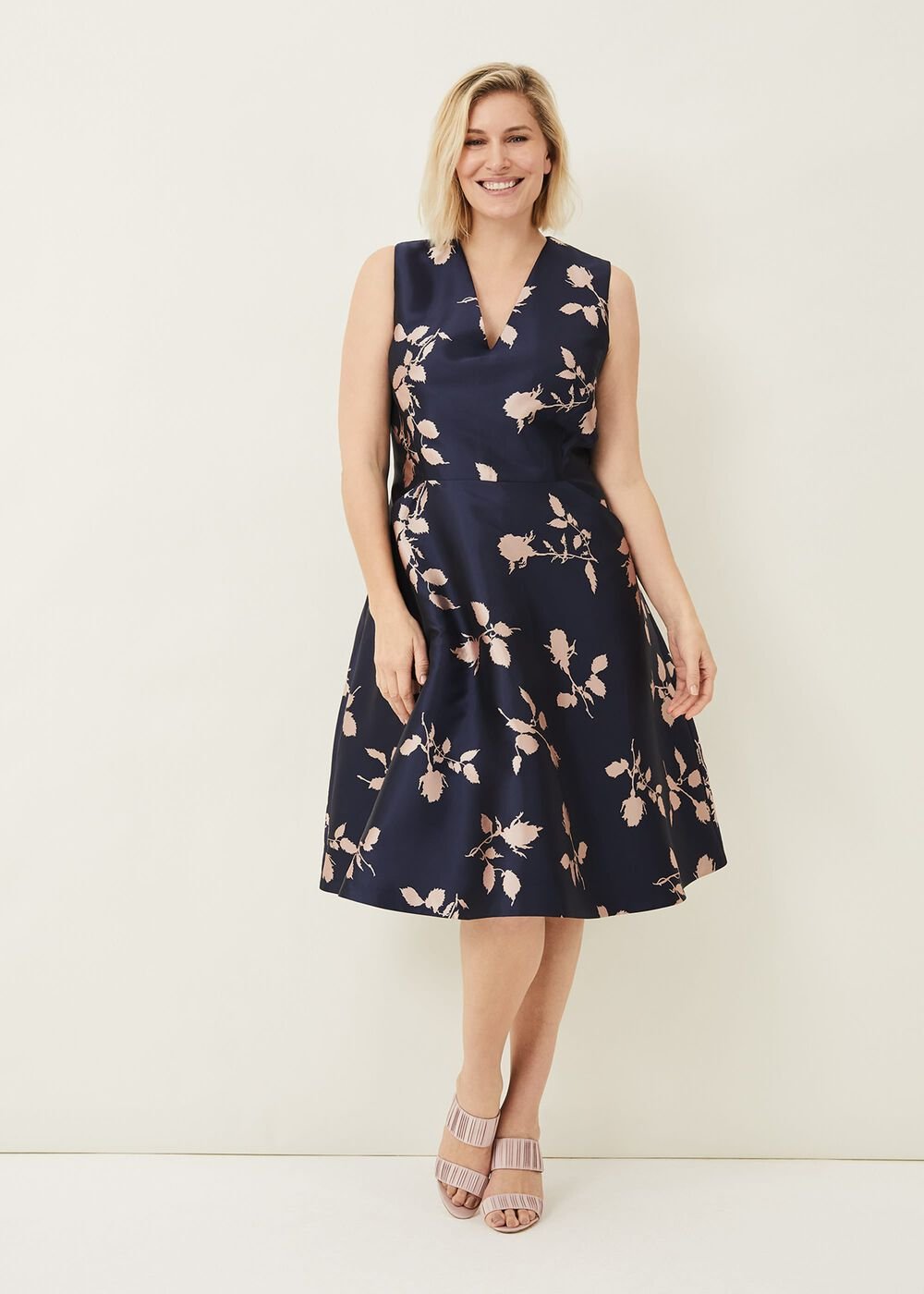 Jordyn Jacquard Fit And Flare Dress - Navy/ Ballet Pink