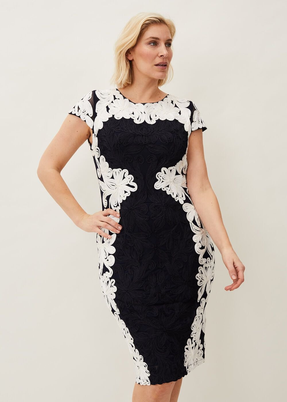 Nori Tapework Lace Fitted Dress - Navy/Ivory