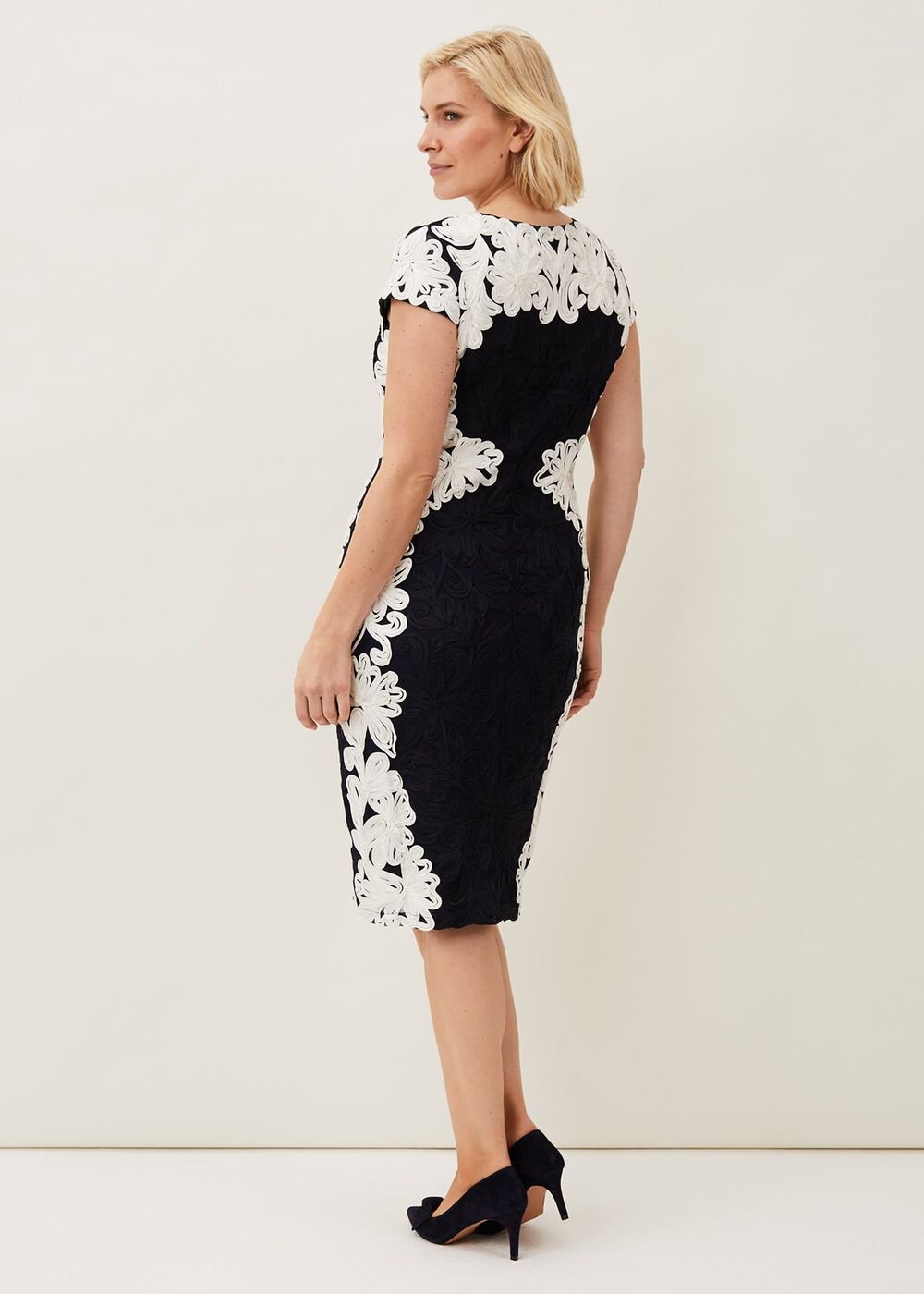 Nori Tapework Lace Fitted Dress - Navy/Ivory
