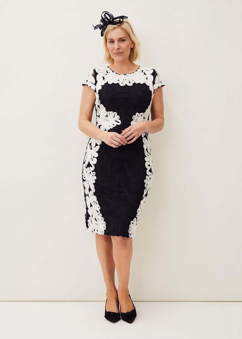 Nori Tapework Lace Fitted Dress - Navy/Ivory