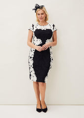 Nori Tapework Lace Fitted Dress - Navy/Ivory