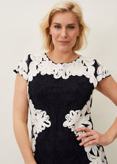 Nori Tapework Lace Fitted Dress - Navy/Ivory