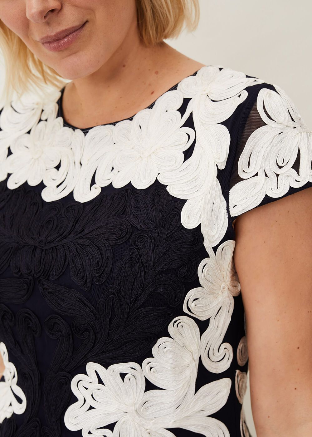 Nori Tapework Lace Fitted Dress - Navy/Ivory