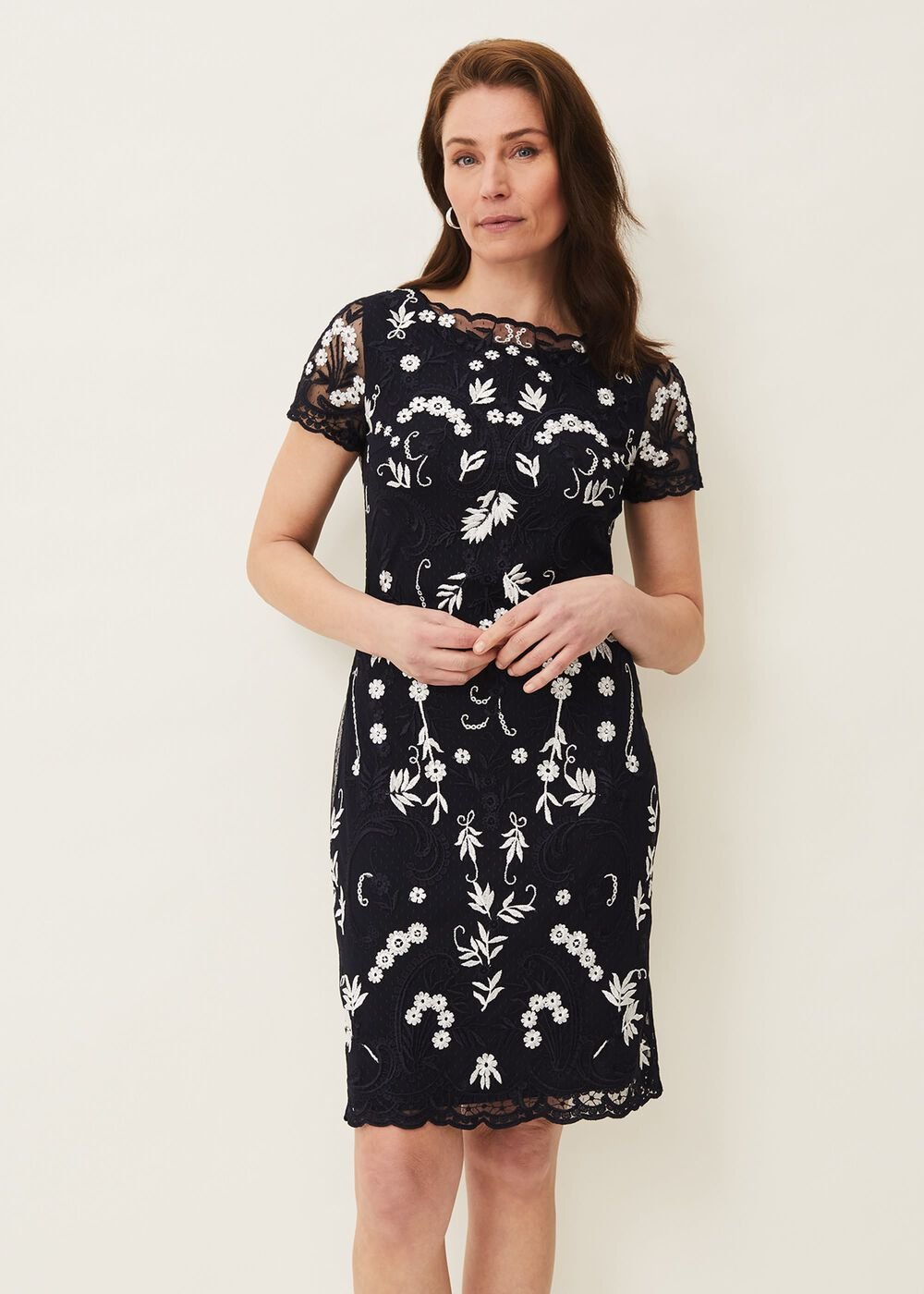 Floris Embroidered Shift Dress - Navy/Ivory