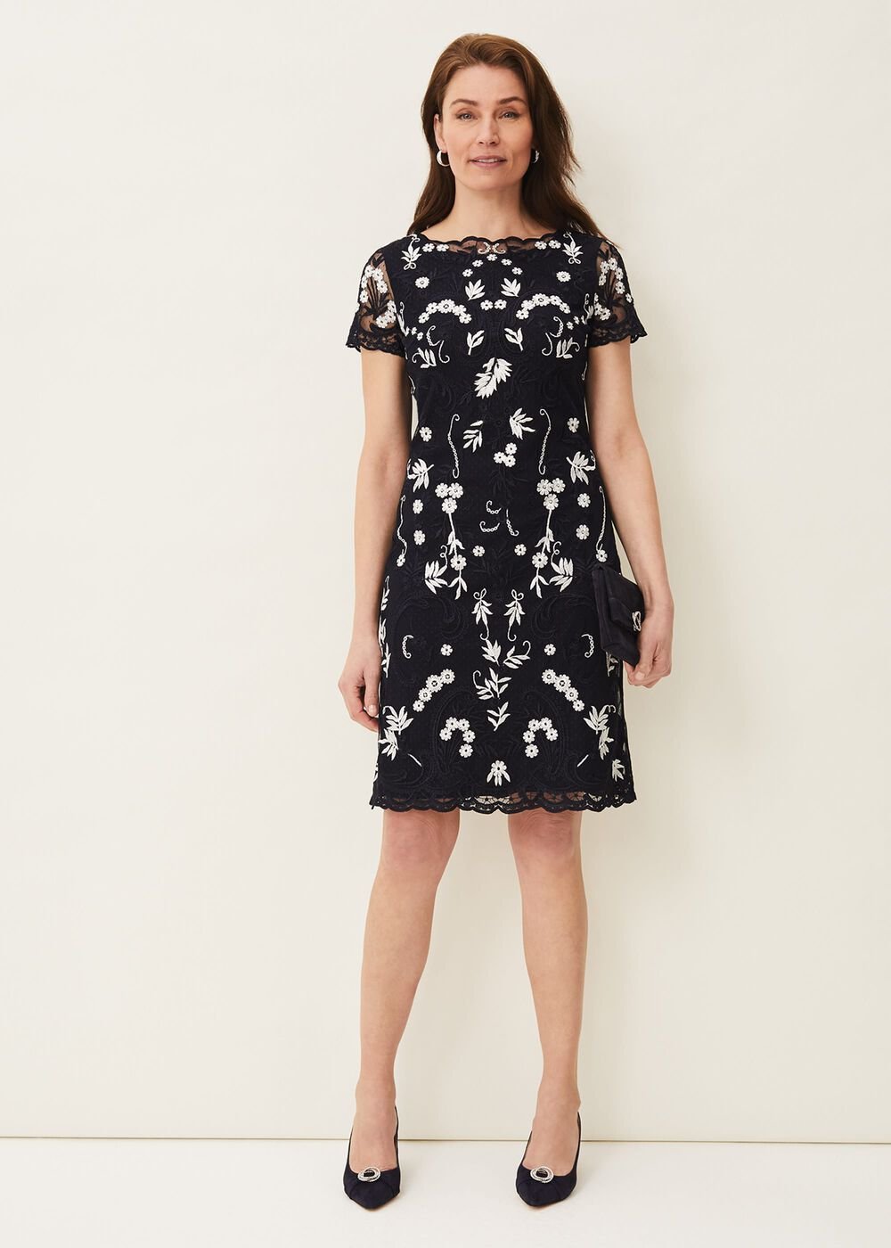 Floris Embroidered Shift Dress - Navy/Ivory