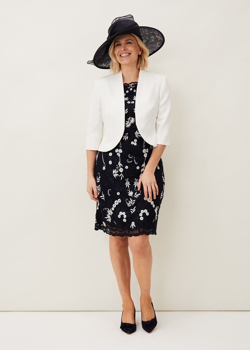 Floris Embroidered Shift Dress - Navy/Ivory