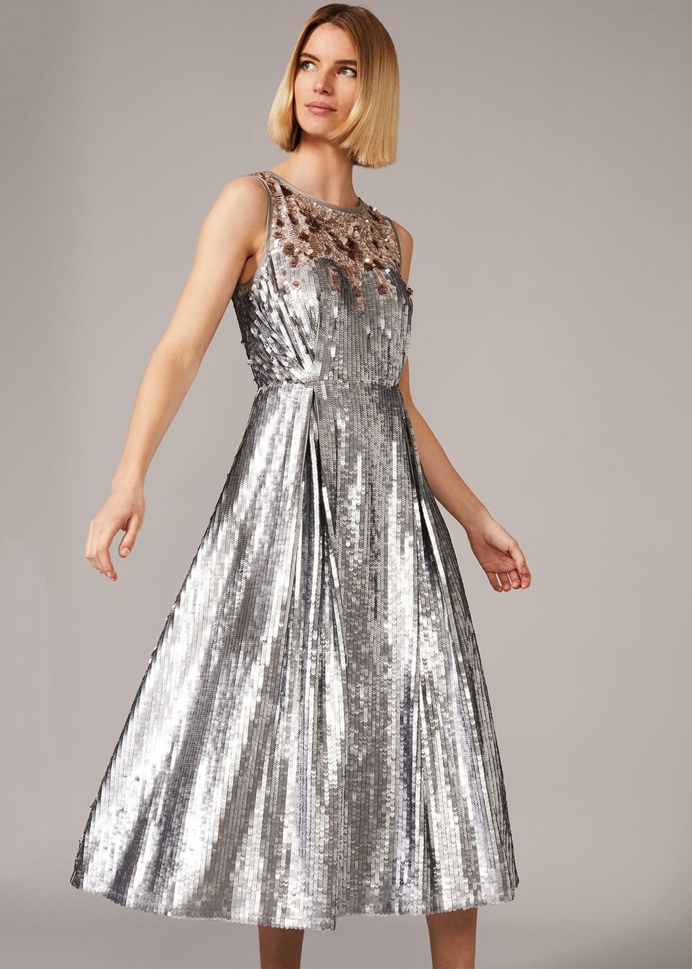 Lainey Shimmer Sequin Midi Dress - Silver