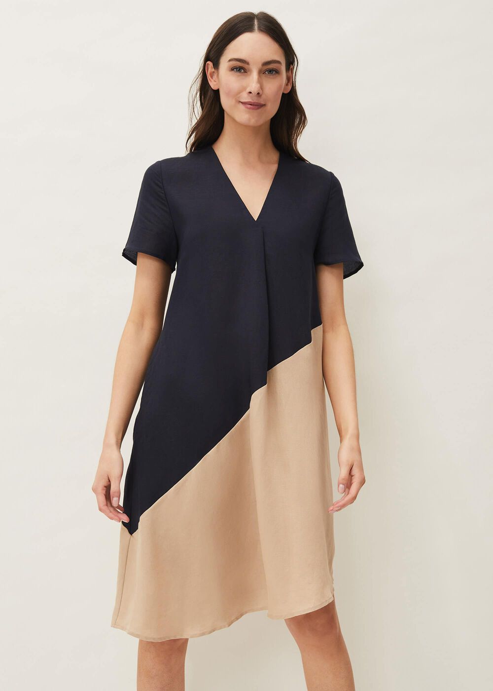 Doty Colourblock Linen-Blend Swing Dress - Navy/Stone