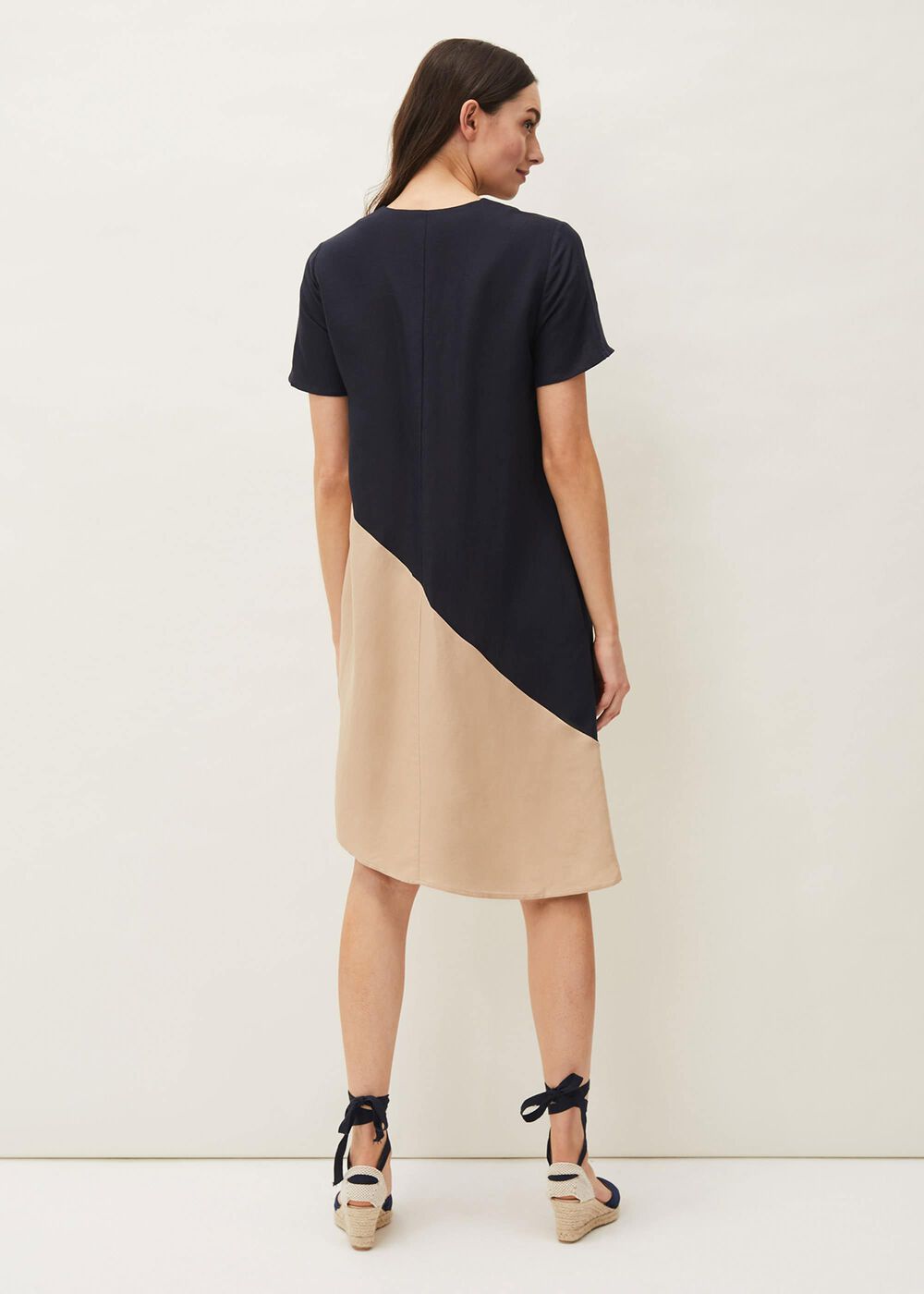 Doty Colourblock Linen-Blend Swing Dress - Navy/Stone