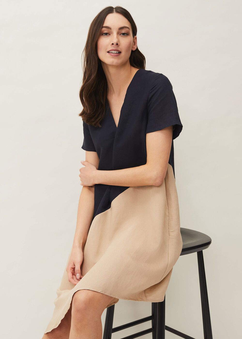 Doty Colourblock Linen-Blend Swing Dress - Navy/Stone