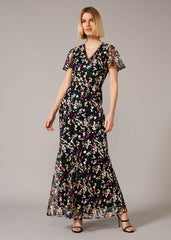 Daiva Embroidered Fishtail Dress - Black/Multi