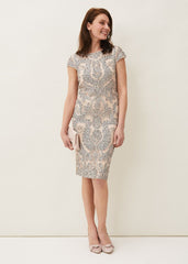 Genevieve Tapework Lace Dress - Oyster/Navy