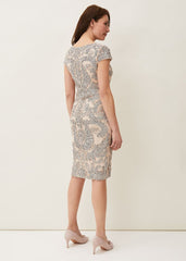 Genevieve Tapework Lace Dress - Oyster/Navy