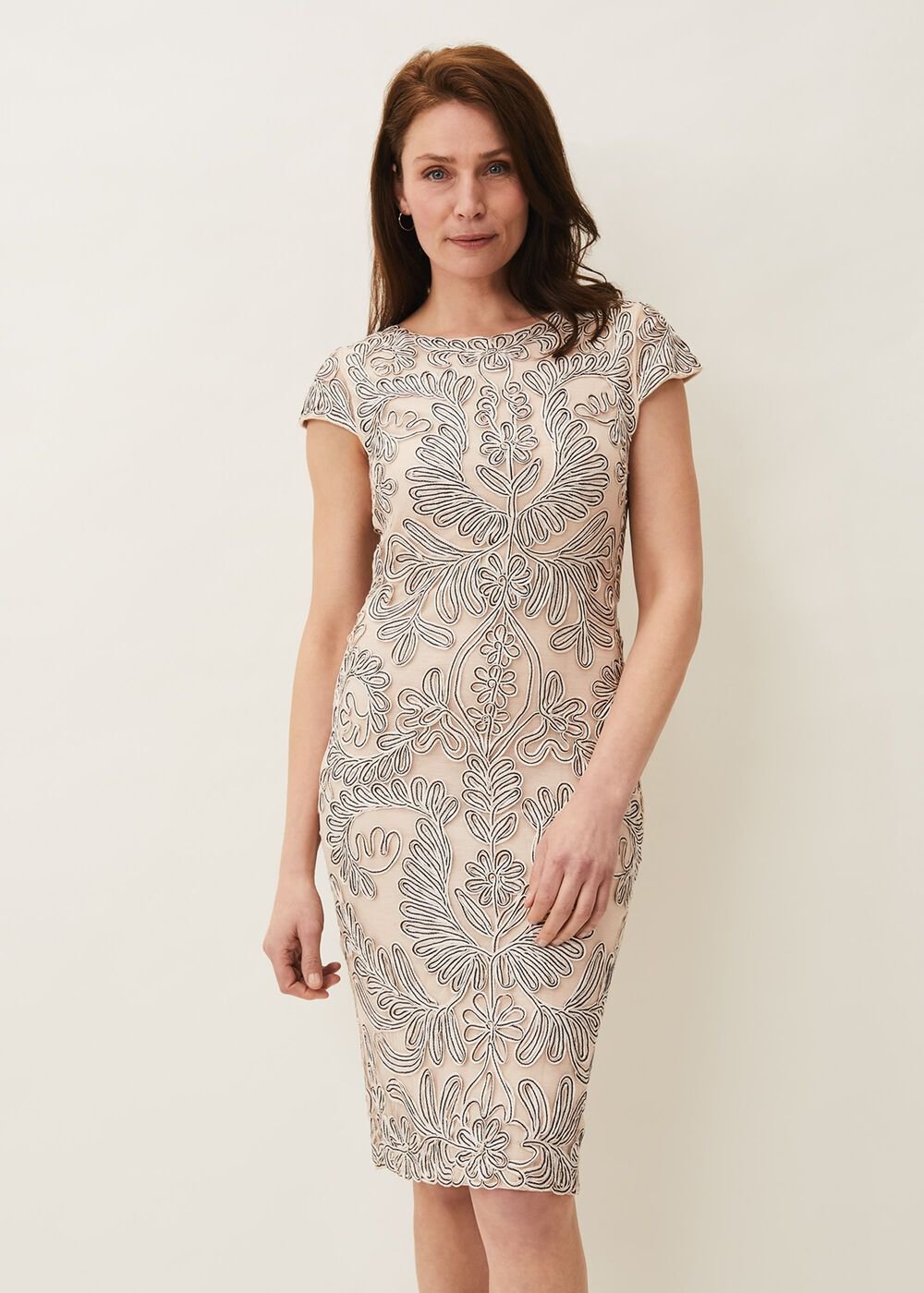 Genevieve Tapework Lace Dress - Oyster/Navy