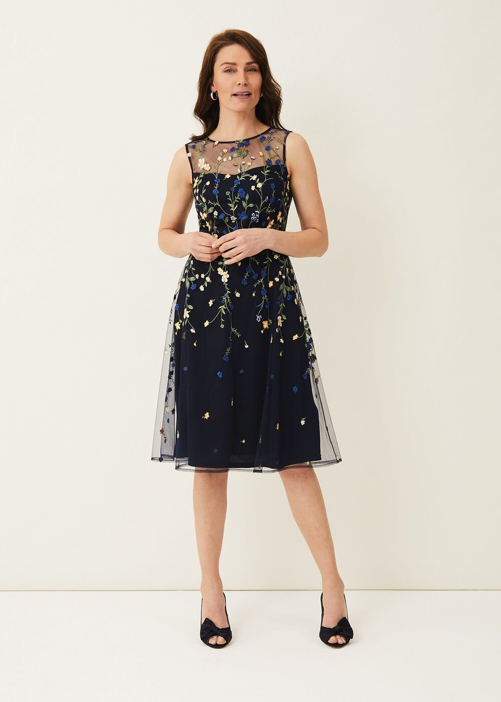 Esmeralda Embroidered Fit & Flare Dress - Navy/Multi