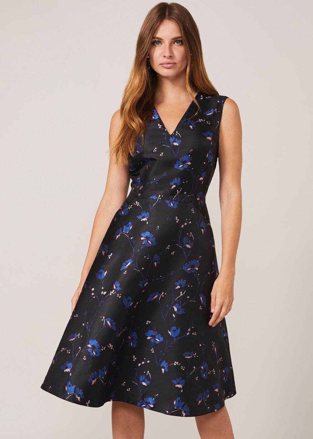 Ottilie Floral Jacquard Fit And Flare Dress - Black/Sapphire