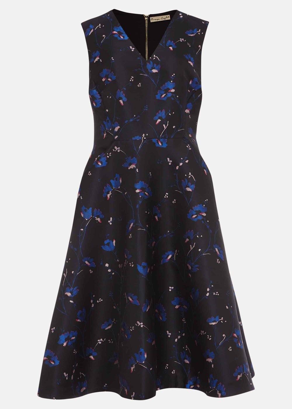 Ottilie Floral Jacquard Fit And Flare Dress - Black/Sapphire