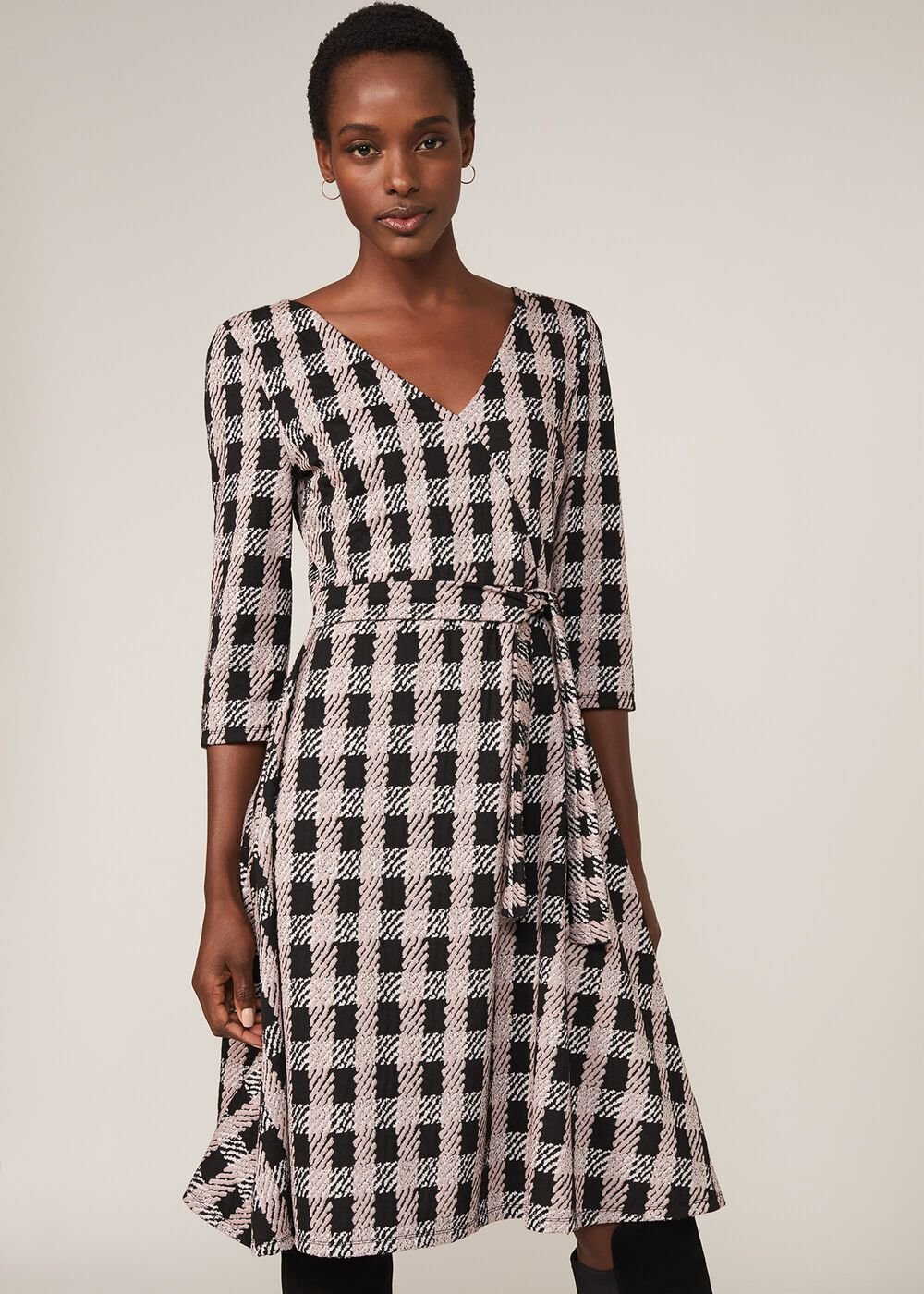 Ava Check Tie Waist Dress - Black/Pink