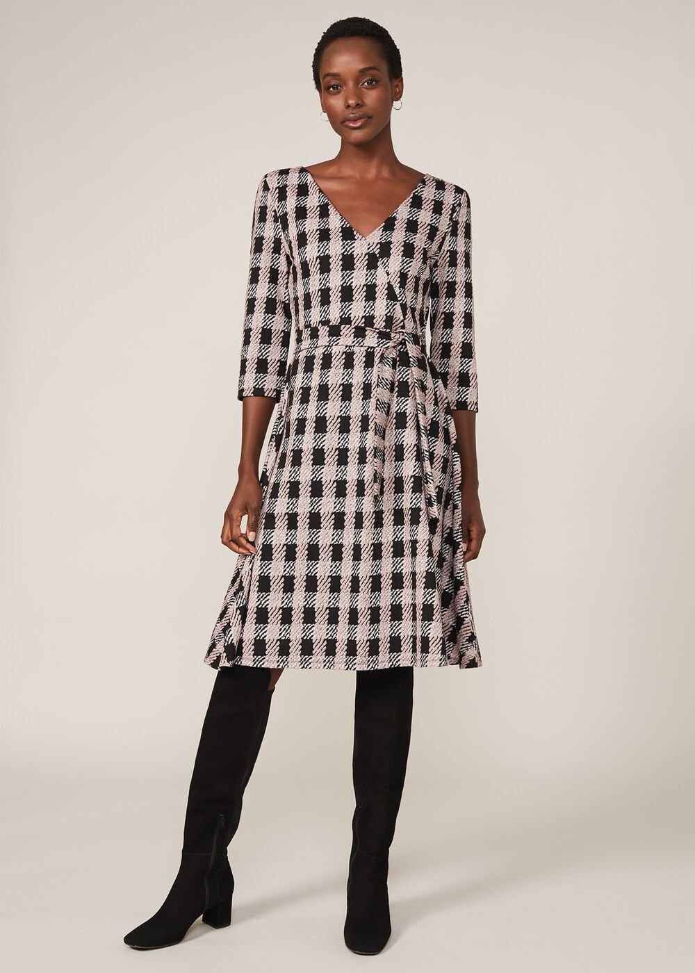 Ava Check Tie Waist Dress - Black/Pink