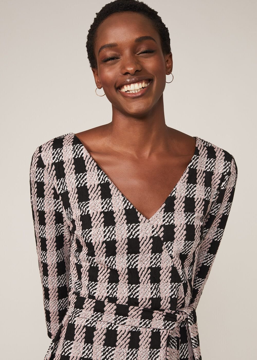 Ava Check Tie Waist Dress - Black/Pink
