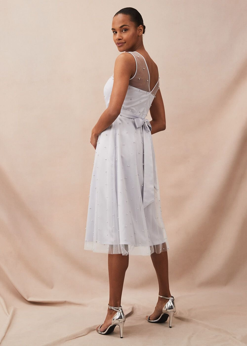 Evadine Pearl Embellished Tulle Dress - Mineral