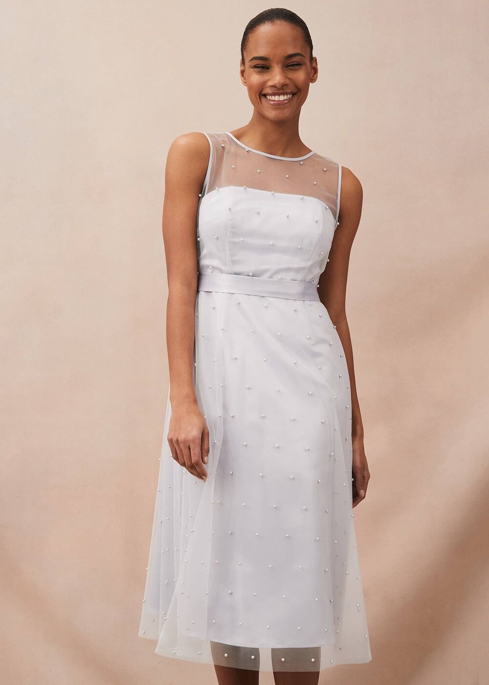 Evadine Pearl Embellished Tulle Dress - Mineral